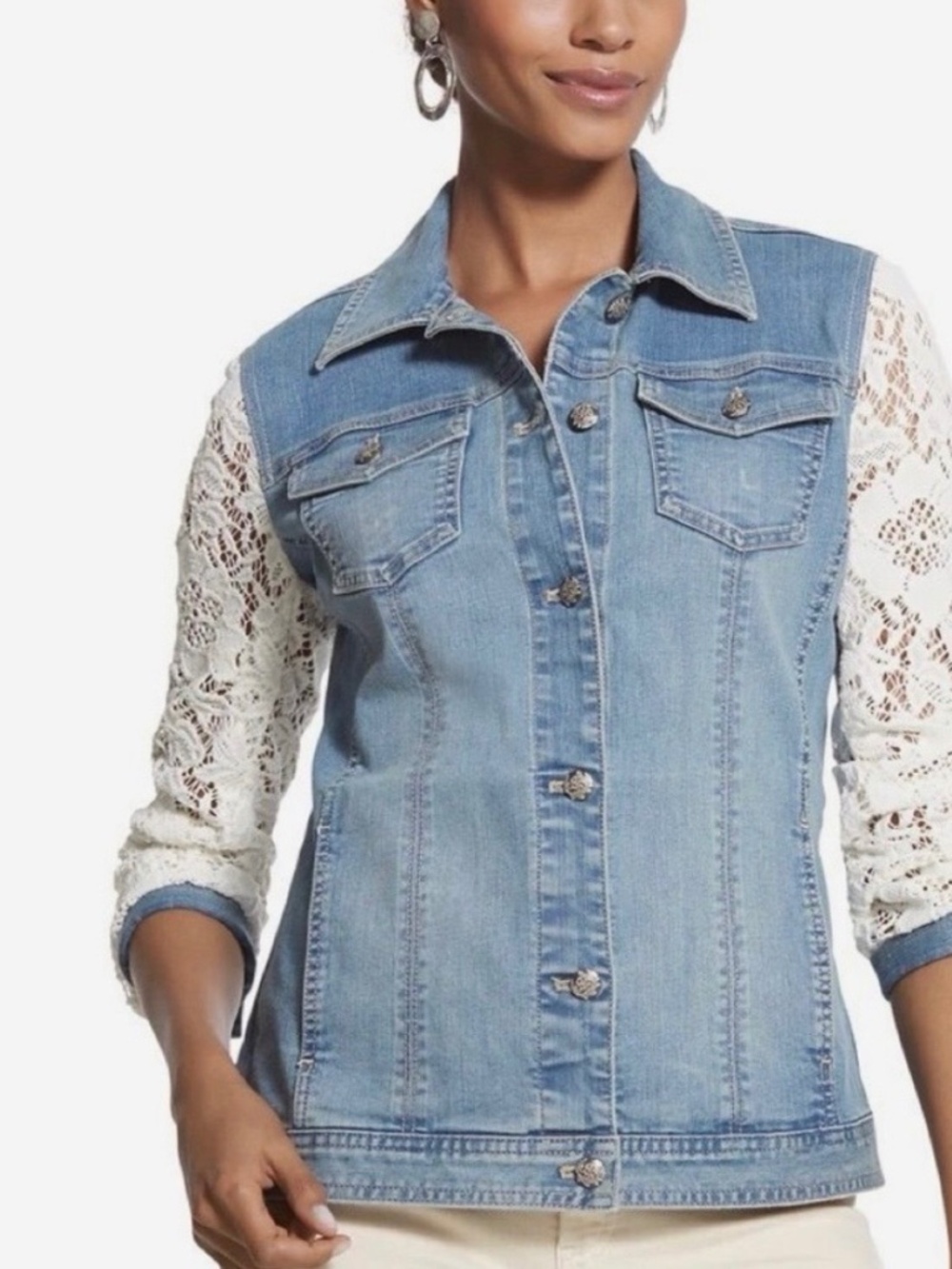 Chico’s Platinum Denim Jacket with Lace Sleeves.